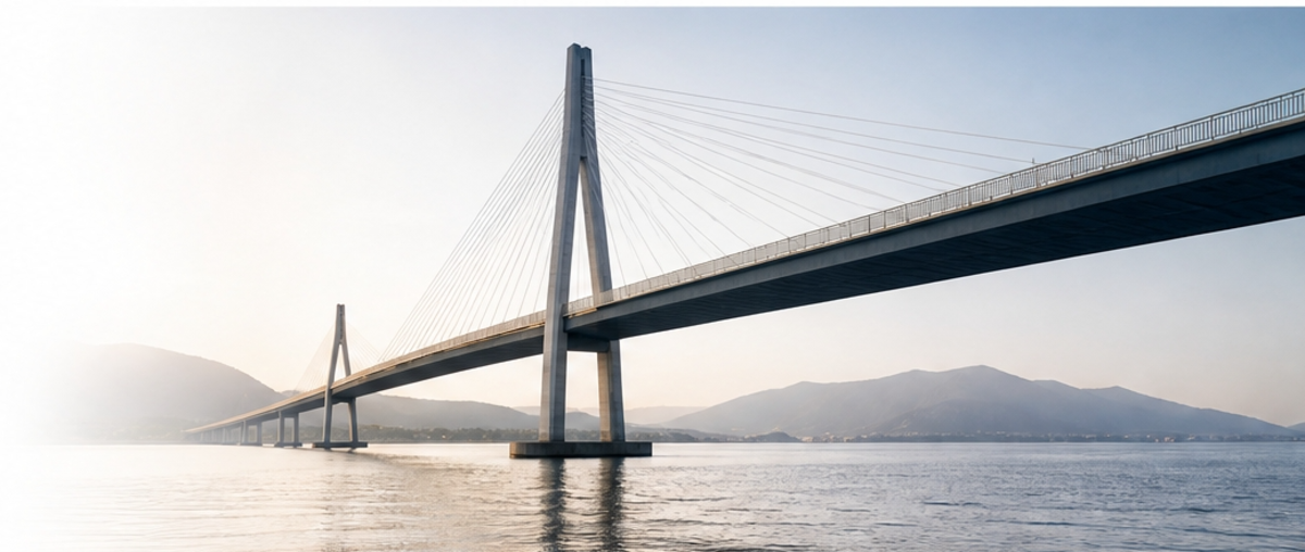 A cable-stayed bridge stretching across still water at first light.