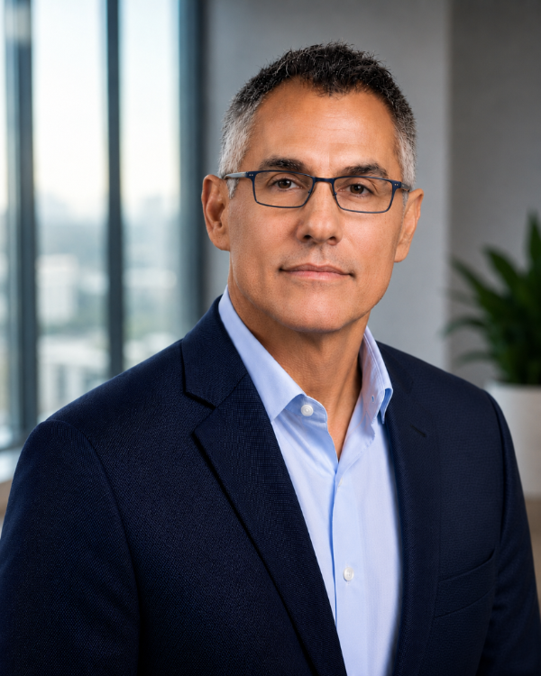 Portrait of Timothy Cabrera, Founder & Strategic Advisor, in a navy jacket against a city-view office window.