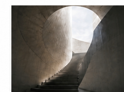 A curved spiral concrete stairwell drawing the eye upward.